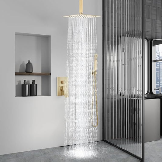 Aolemi Ceiling Shower Faucet with Handheld 12 Inch Head Brushed Gold | Shower Valve and Trim Kit,SUS304 Rain Head and Handle Set System,All Metal,Bathroom, Handheld Spray