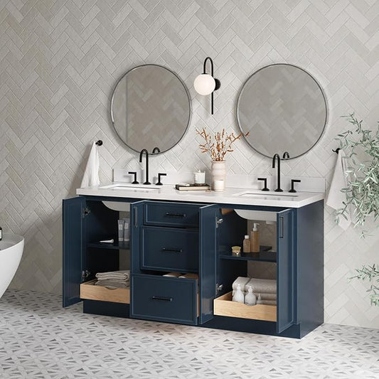 ARIEL Kelly 66-inch Bathroom Vanity with Sink,Solid Wood, 1.5-inch Pure White Quartz Countertop, Double Rectangular Porcelain Sink, 4 Soft Closing Doors, 5 Dovetail Drawers, Midnight Blue