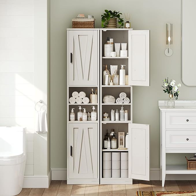 Tall Bathroom Cabinet with 2 Barn Doors, Farmhouse Storage Cabinet with Adjustable Shelves, Freestanding Bathroom Storage Organizer for Small Space, Kitchen, Bedroom, Cloud White