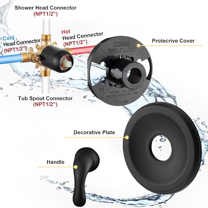 Black Tub Shower Faucet Set - 6 Inch Black Shower Head and Handle Set, High Pressure Bathtub Shower Faucet Set with Rain Shower Head and Tub Spout Single-Spray, Pressure Balancing Valve Included