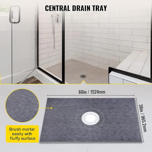 VEVOR Shower Curb Kit, 38"x60" Watertight Shower Curb Overlay with 4" PVC Central Bonding Flange, 4" Stainless Steel Grate, 2 Cuttable Shower Curb and Trowel, Shower Pan Slope Sticks Fit for Bathroom