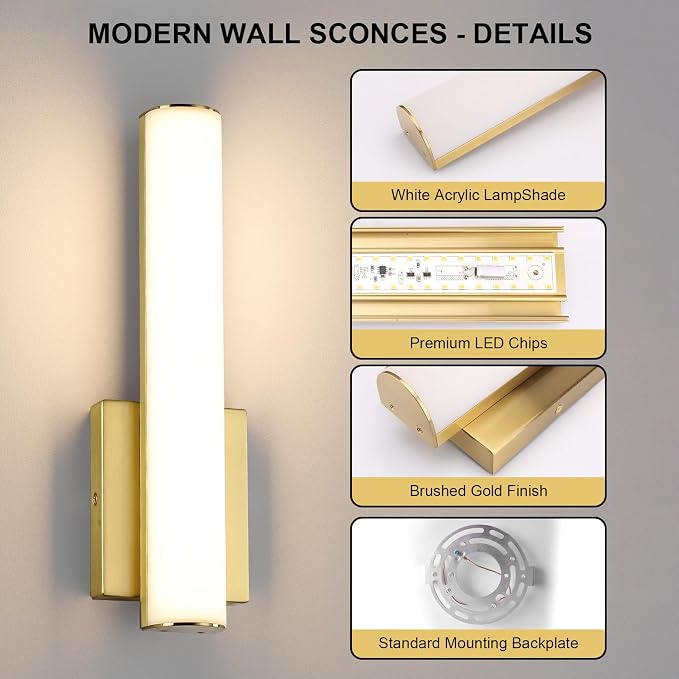 15.7 Inches Modern Bathroom Led Wall Sconces,18W 3000K Hardwired Wall Light with White Acrylic Lampshade,Indoor Bathroom Vanity Light for Mirror Bedroom Living Room Hallway(Gold,2Pack)