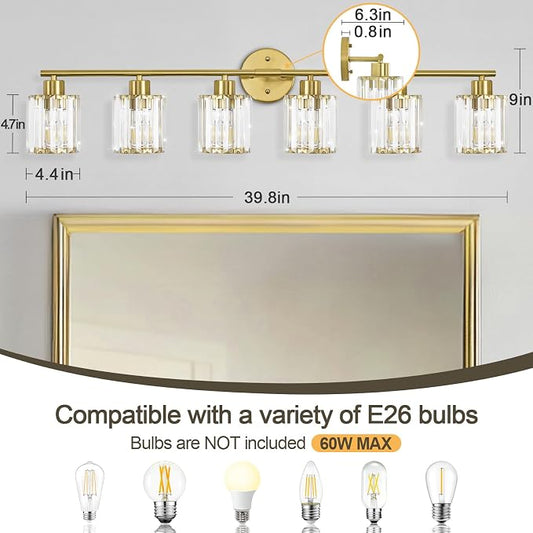 Modern Gold Crystal Bathroom Light Fixtures,6-Light | Bathroom Lighting Fixtures over Mirror,Vanity Lights for Mirror, Restroom(Ceramic E26 Socket,Bulbs Not Include)