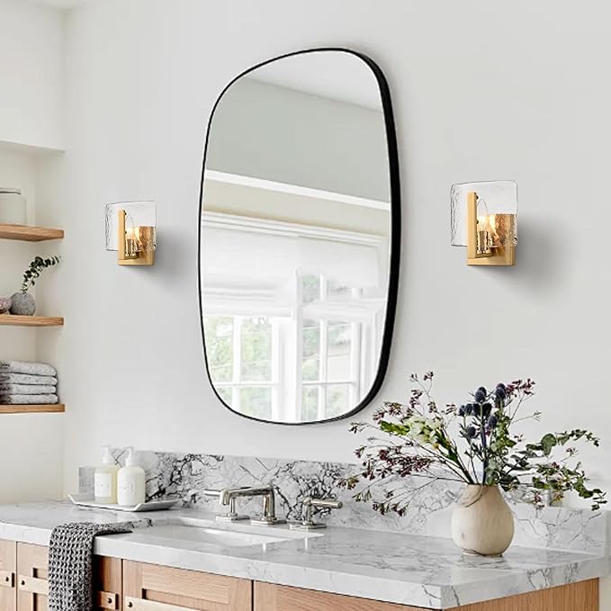 Modern Gold Wall Sconce with Water Rippled Glass Shades, 7-Inch Wall Lights | Vintage Vanity Light, Indoor Sconces Lighting with Gold Finish for Living Room Bedroom Bathroom Hallway Entryway