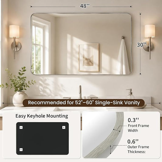 30x48 Inch Brushed Nickel Rounded Rectangle Bathroom Vanity Mirror | For Over-Sink Bathrooms, Corrosion-Resistant Aluminum Frame, Slim Front Profile, Vertical or Horizontal Layout