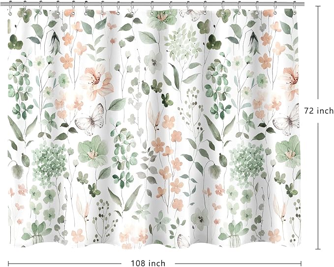 Extra Wide Flower Shower Curtain 108 x 72, Sage Green Flower Shower Curtains for Claw Foot Tub, Modern Watercolor Floral 108 inch Long Shower Curtain Set with 18 Pack Plastic C-Hooks