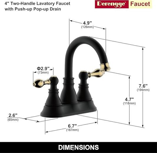 Two Handle Bathroom Sink Faucet,3 Hole with Overflow Pop up Drain, 360° Swivel Spout 4 Inch Centerset Lavatory Faucet,Matte Black with Polished Brass Trim Finished,F-4501-MG