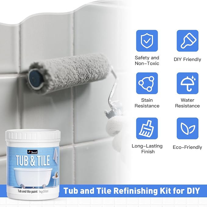 DWIL Tub Paint, Tub and Tile Refinishing Kit 33oz with Tools, Tile Refinishing Kit Bathtub Paint Water Based &Low Odor, Easy to Use Sink for Bathroom Kitchen, Semi-Gloss Light Grey, 50-55sq.ft