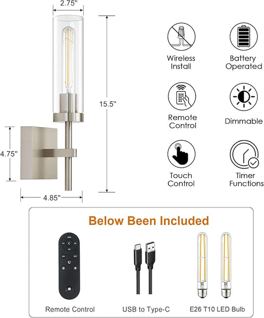 Brushed Nickel Battery Operated Wall Sconces with Remote Control, Wireless Wall Sconce Set of 2, Rechargeable Cordless Wall Lights for Living Room Bathroom Hallway Entryway Stairwell, 3000K