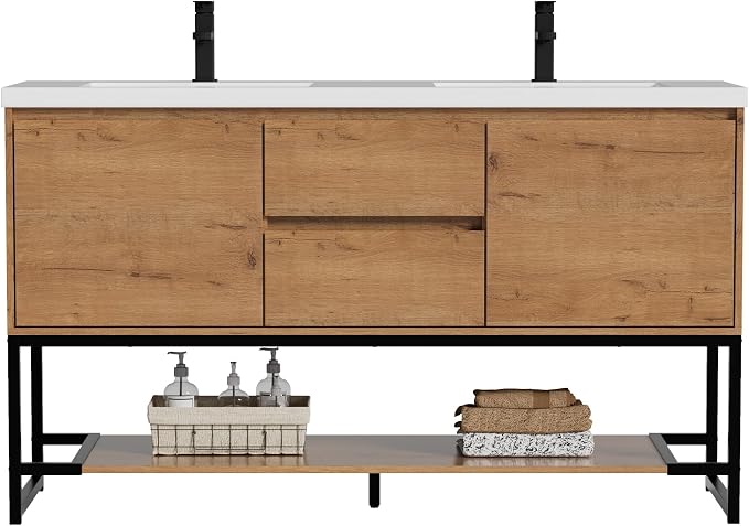 LUCKWIND 60" Modern Bathroom Vanity with Dual White Sink Combo, Freestanding Storage Cabinet with Metal Frame, Matte Black Faucet and Open Shelf and 2 Soft-Closing Door, Natural