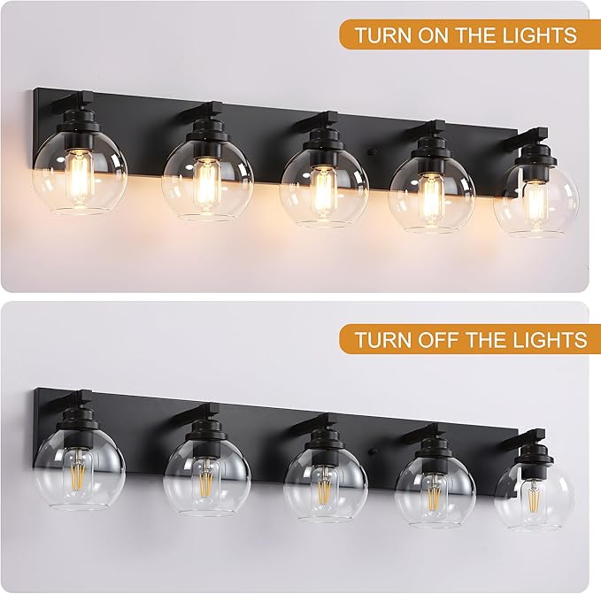 Bathroom Light Fixtures, 5-Light Matte Black Vanity Lights, Modern Bathroom Lighting Fixtures Over Mirror, Farmhouse Vanity Lights with Glass Shade for Living Room, Bedroom, Hallway