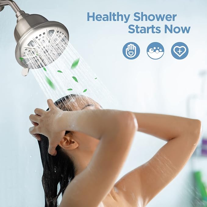 MakeFit Filtered Shower Head Brushed Nickel - High Pressure Shower Head with Filter for Hard Water Softener - 7 Settings Bathroom Rain Showerhead to Remove Chlorine and Heavy Metals