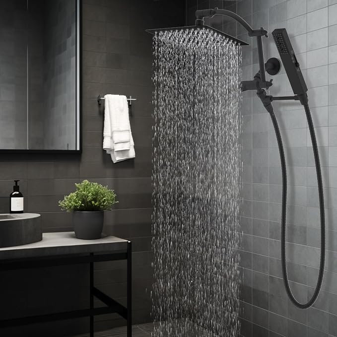 Hibbent All Metal CUPC Certified 8'' Rainfall Shower Head, Dual Shower Head Combo, High Pressure Handheld 4 Sprays Shower Wand, 16'' Adjustable Extension Arm, 71'' Hose, Shower Holder, Matte Black