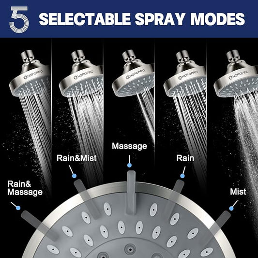 High Pressure Shower Head, HOPOPRO 5-Mode Fixed Showerhead, NBC Recommended | The Washington Post, NBC News, Today Recommended, Consumer Reports Tested High Flow Fixed Shower Head (4 Inch Brushed Nickel)