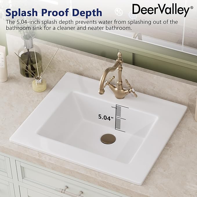 DeerValley 21"x18" Drop-In Bathroom Sink Ceramic Rectangle Vessel Sink with Overflow Vanity Bathroom Vessel Sink Bowl
