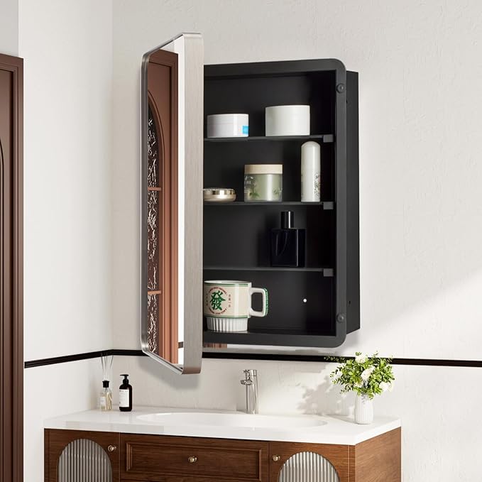 20’’x26’’ Medicine Cabinet,Metal Framed Medicine Cabinet Mirror with Round Corner,Recessed and Surface Mount Bathroom Mirror with Storage, Removeable Shelves,Sliver