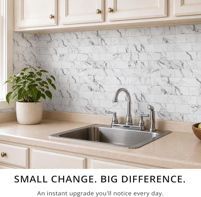 StyloVue 100 Pieces Peel and Stick Backsplash for Kitchen, 3" x 6" PVC Subway Tile, 2026 Upgraded Volakas White Marble, Stick on Wall Tile for Kitchen, Bathroom, Fireplace, RV