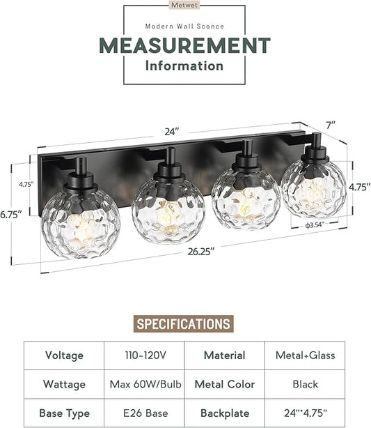 Bathroom Light Fixtures Over Mirror, 26" Matte Black Vanity Light with Clear Hammered Glass Globe Shade, 4-Light Modern Sconces Wall Lighting for Bedroom Hallway, VL200-MB-CL-4