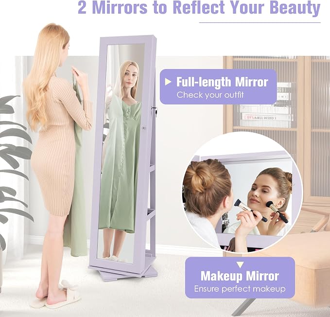 LOKO 360° Rotating Jewelry Armoire, Freestanding Jewelry Cabinet with Inside Makeup Mirror, 2-in-1 Lockable Jewelry Organizer w/Full-Length Mirror for Women (Lavender)