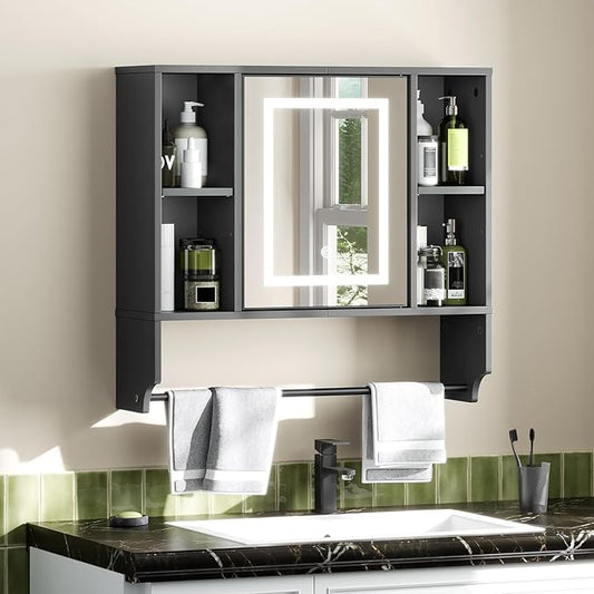 Bathroom Wall Cabinet with Mirror, Wall Mounted Medicine Cabinet with Color Adjustment LED Lights, Mirrored Over The Toilet Storage Cabinet with Adjustable Shelves, 23.6''W x 21.6''H, Black