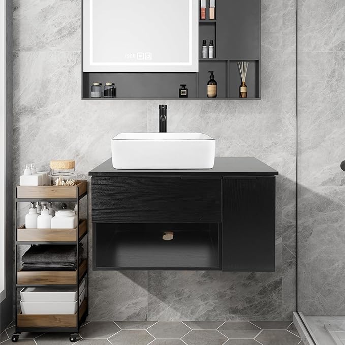 28 Inch Black Floating Bathroom Vanity with 1-Door and 1-Drawer, Modern Wall Mounted Cabinet Without Sink