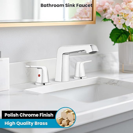 gotonovo Bathroom Sink Faucet 3 Holes 2 Handles Widespread 8 Inch Bathroom Faucet with Pop Up Drain Hot Cold Water Supply Lines Lavatory Vanity Mixer Tap, Thick Style, Polish Chrome