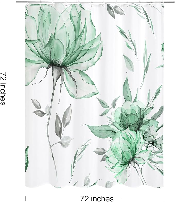 Mint Green Floral Shower Curtain, Watercolor Botanical Design, 72 x 72 | Boho Floral Design, Watercolor Ink Painting Style, Botanical Flowers & Leaves, Elegant Bathroom Accent, Fabric Cloth Curtain