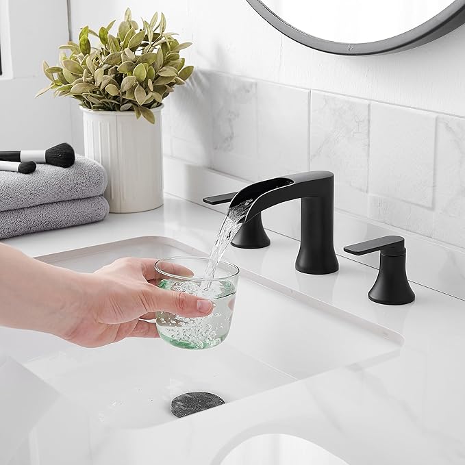 Black Bathroom Faucet 3 Hole, Brass Bathroom Waterfall Faucet 2 Handle, 4-16 Inch Widespread Bathroom Sink Faucets, Restroom Sink Faucet for Vanity with Supply Hoses, NO Equipped Pop-up Drain