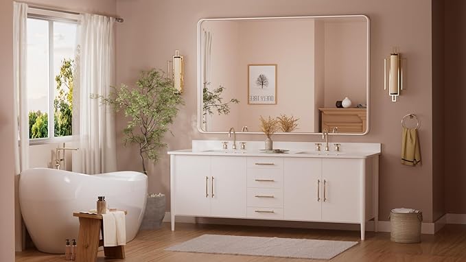 White Framed Mirror for Bathroom 60 x 36 Metal Frame Wall Mounted Rectangle Mirror for Vanity with Sandy Textured Surface(Horizontal/Vertical)