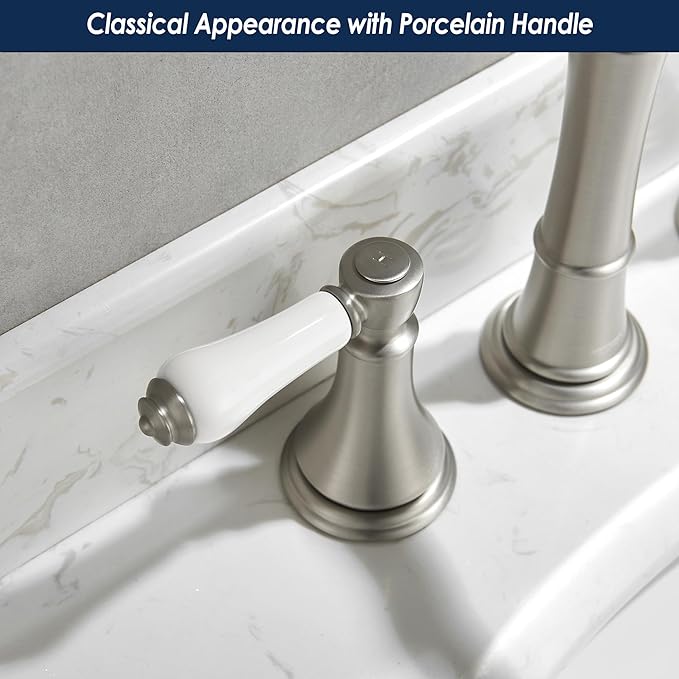 Porcelain Brushed Nickel Bathroom Faucet 8 inch Widespread 3 Holes | Includes Plastic Pop-Up Drain & Two 23.6" Supply Lines, Classical 8" Spread Lavatory & Bath Vanity Sink Faucets, Brass Spout