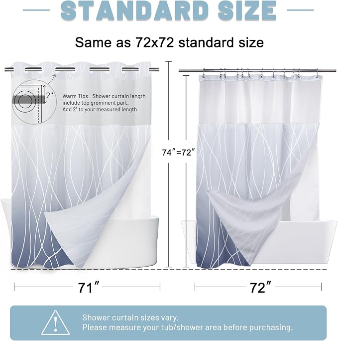 Ombre Blue No Hook Shower Curtain with Liner, 71 x 74 Inch | Stripe Pattern,Waterproof,Quick Dry,Mesh Top Window,Bottom Magnets,Hotel Style,Machine Washable,Modern,for Bathroom
