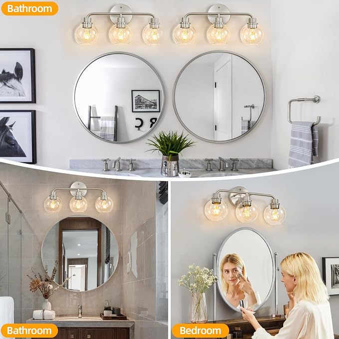 3 Light Bathroom Vanity Light Fixtures, Brushed Nickel Vanity Lights | with Clear Globe Glass Shades, Modern Bathroom Lights Wall Sconce Wall Lamp for Mirror Living Room Kitchen Bedroom Hallway