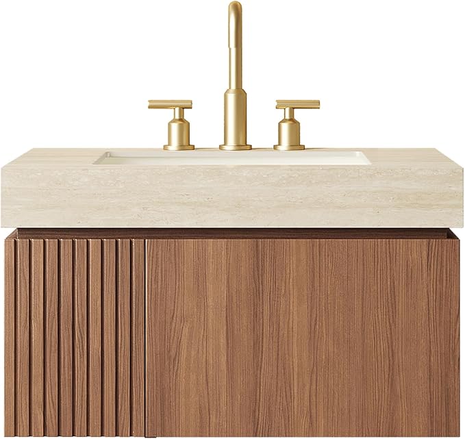 KEIKI 30 Inch Floating Bathroom Vanity with Sink, Brown Oak & Beige | Modern Wall Mounted Storage Cabinet w/ Drawer & Door, Pre-assembled Wood Panels, Sintered Stone Top & Ceramic Basin Combo Set