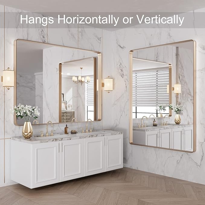 LOAAO 48”X36” Gold Bathroom Mirror, Rounded Rectangle Gold Frame Mirror, Brushed Gold Bathroom Vanity Mirror Wall-Mounted, Anti-Rust, Tempered Glass, Hangs Horizontally or Vertically | Rounded Rectangle, Brushed Gold Frame, Wall-Mounted, Anti-Rust, Tem...