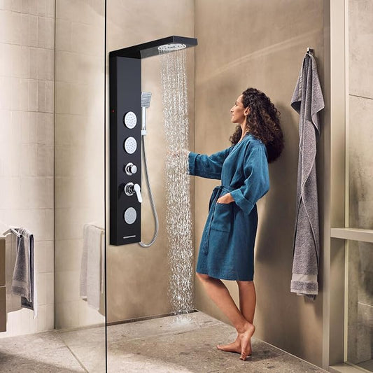 ROVOGO Shower Panel Tower System with Led Lights, 5 Shower Modes, 46.5 Inch | Rainfall Mist Shower Head, 3 Body Jets, Handheld, Waterfall Tub Spout, Stainless Steel Shower Column with Mixing Valve, Black