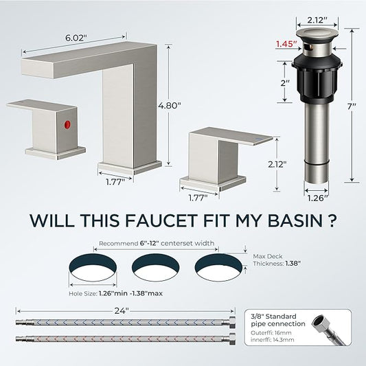 FORIOUS 8 in Brushed Nickel Bathroom Faucet 3 Holes, Two Handle Triphil Brushed Nickel Bathroom Sink Faucet Waterfall with Metal Pop-Up Drain and cUPC Hose for Restroom, Lavatory, Vanity