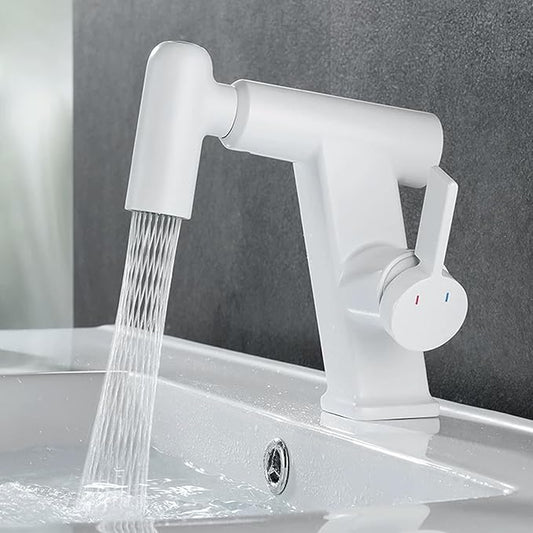 JRUIA White Bathroom Faucet, Brass Sink Mixer Tap, Pull Out Spray, Three Water Output Modes, Modern Swivel Kitchen Faucet,White