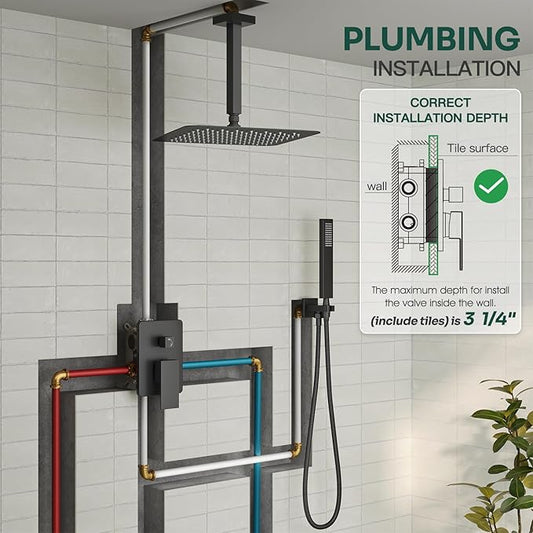Ceiling Mount Shower Faucet Set, Black Shower System with 10-Inch Rain Showerhead and Handheld Spray Combo, High-Pressure Showerheads Set with Valve and Trim Kit, Matte Black