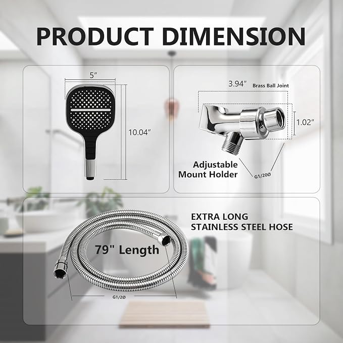 Handheld Shower Head with Extra Long Hose, 8 Setting Square Detachable Hand Held Spray with Upgrade Button & On Off Switch, 79" Hose - Chrome