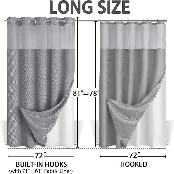 No Hook Shower Curtain with Liner Set Hotel Waffle Curtain Grey 72W X 81L | Washable Snap in Fabric Liner, Mesh Top Window, Waffle Hotel Style Shower Curtain Set