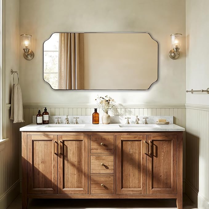 24x48 Inch Bathroom Mirror, Brushed Nickel Rectangle Mirror, Scalloped Mirror for Bathroom Sink, Rust-Poof Stainless Steel Thin Frame, Rounded Notched Corners Design