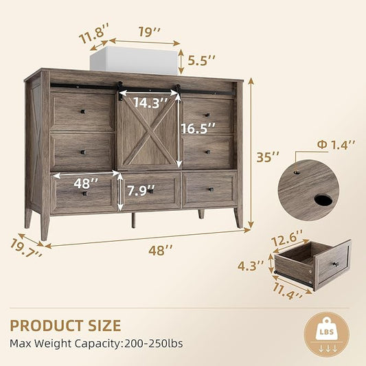 VNN Bathroom Vanity with Sink - 48 Inch Bathroom Vanity with Sink Ceramic, Freestanding Cabinet with Farmhouse Sliding Barn Door and 7 Drawers, Space-Saving Storage Cabinet, Wood Grain Texture, Grey
