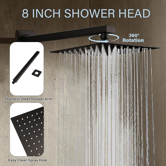 SOLVEX 8 Inch Shower Faucet Set,Shower System Black Stainless Steel Wall Mount Faucet Set with Square High Pressure Showerhead and Handheld Sprayer SP-90110-N