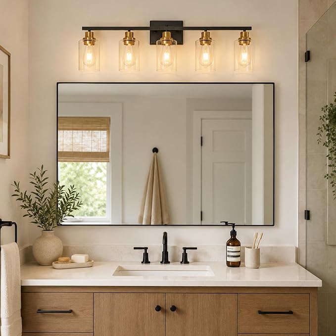Unicozin Modern Bathroom Light Fixtures, 5 Light Vanity Lights Over Mirror, Black and Gold Wall Lamp with Clear Glass for Living Room Cabinet Bedroom Porch