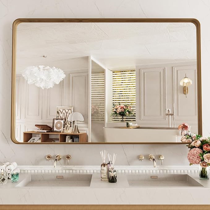LOAAO 50X30 Inch Bathroom Mirror with Wood Grain Colored Metal Frame | Rounded Rectangle Metal Framed, Anti-Rust, Hangs Horizontally or Vertically, Tempered Glass