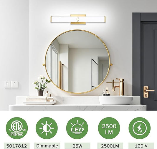 24 Inch Bathroom Vanity Light 2500LM, 5700K Daylight White Modern Bathroom Light Dimmable, AC 120V 25W Gold LED Vanity Lighting Fixtures Wall Sconce ETL Certified, 2Pack