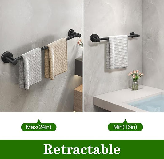 10pcs Matte Black Retractable Bathroom Hardware Set, | Including 24in Retractable Hand Bar, Toilet Paper Holders, Towel Rings, Multifunctional Robe Hooks