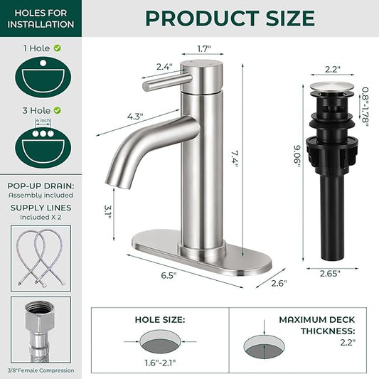 Brushed Nickel Bathroom Faucets, Modern Bathroom Sink Faucet Single Handle Bathroom Faucet for 1 or 3 Hole, Mixer Tap Vanity Faucet with Deck Plate, Pop-up Drain and Supply Hoses