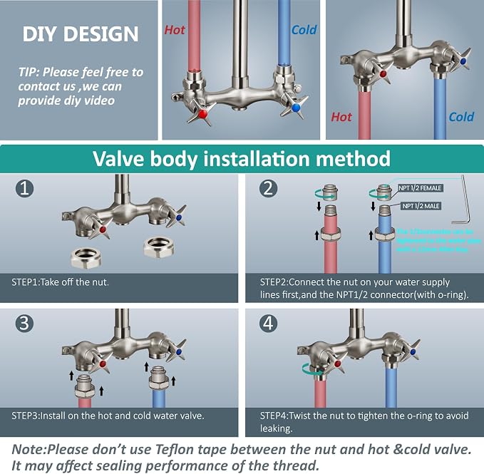 Aolemi Outdoor Shower Kit, 6-Inch Center, 2-Handle, Brushed Nickel | Solid Brass Mixer Valve, SUS304 Shower Pipe, Dual-Handle Hot And Cold Control, Reversible Inlets, and Rotating Head