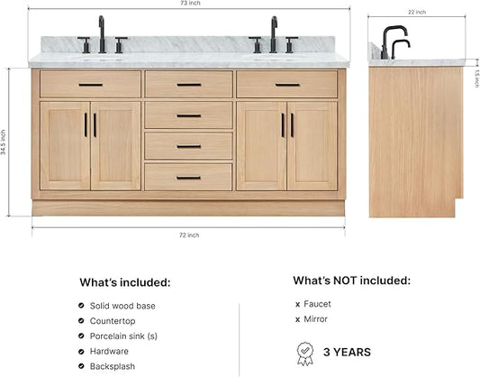 ARIEL Hepburn 72-inch Bathroom Vanity with Sink,Solid Wood, 1.5-inch Italian Carrara Marble Countertop & Backsplash, Double Oval Porcelain Sink, 4 Soft Closing Doors, 6 Dovetail Drawers, White Oak
